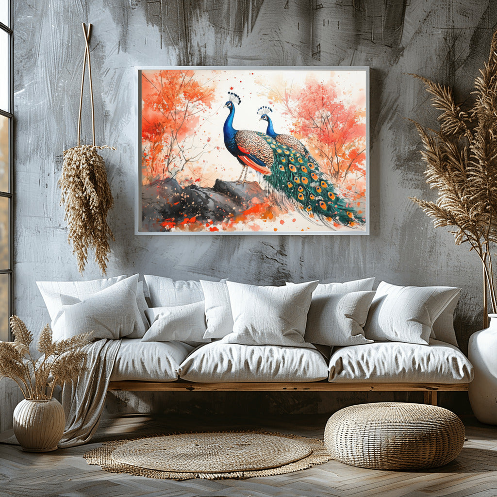 Serene Peacock Pair in Natural Harmony - Vastu Painting for Luck and Abundance