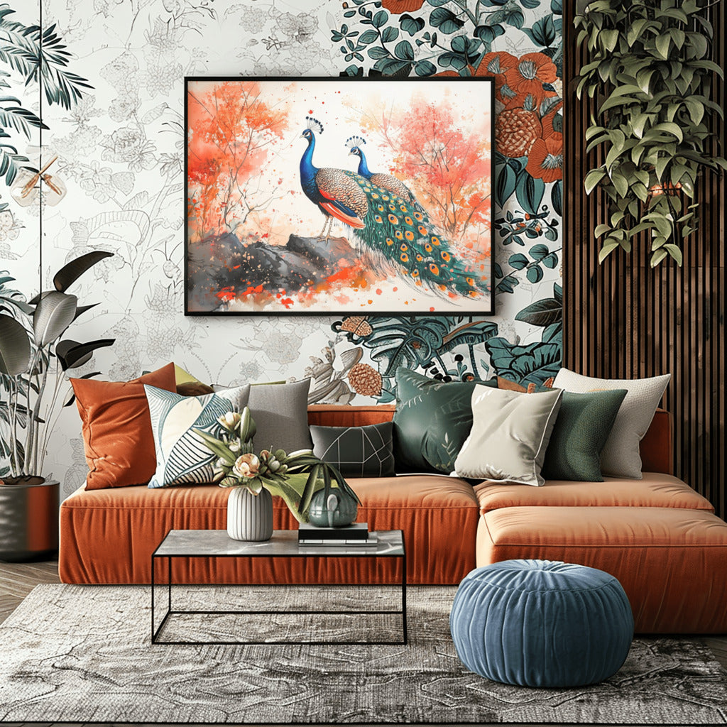 Serene Peacock Pair in Natural Harmony - Vastu Painting for Luck and Abundance
