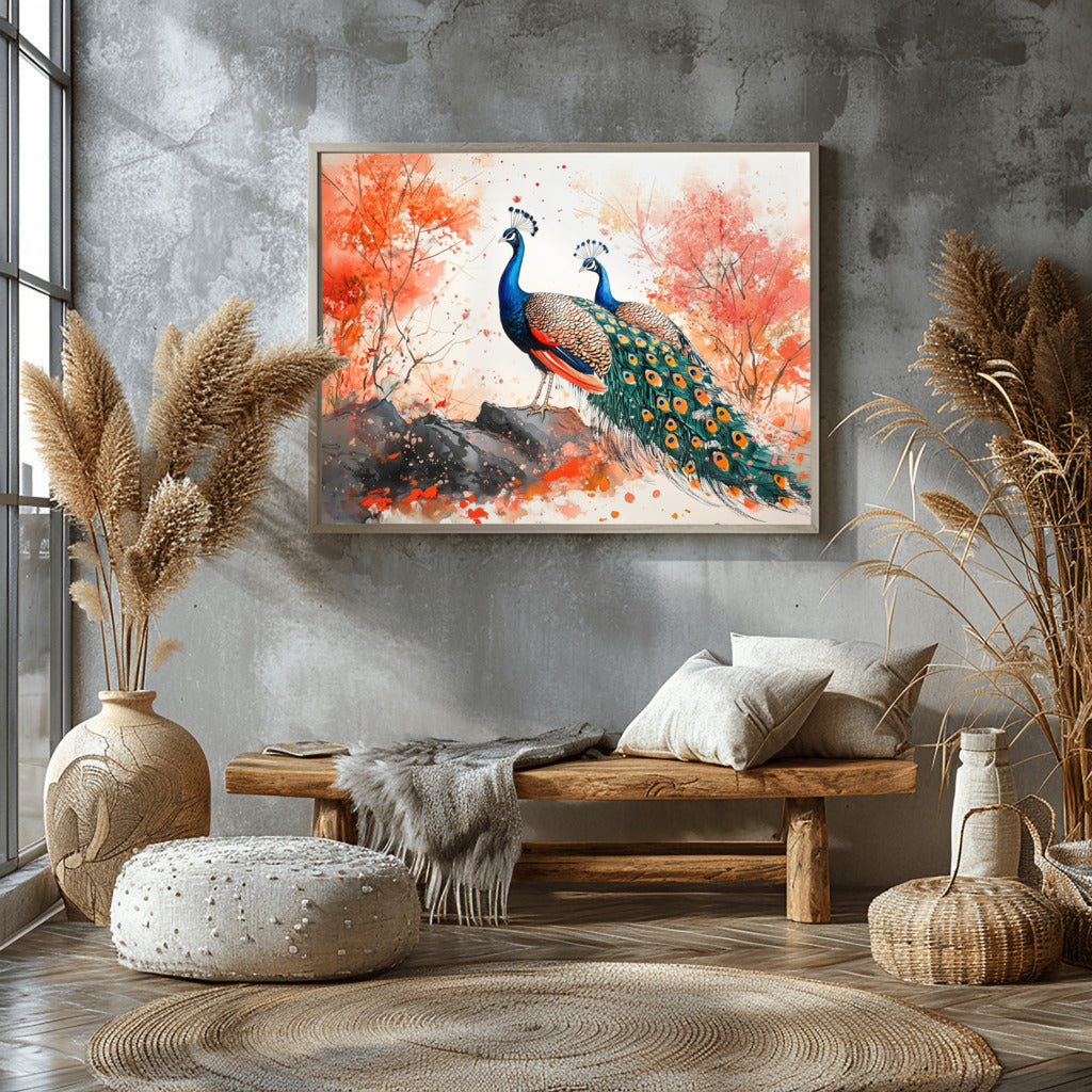 Serene Peacock Pair in Natural Harmony - Vastu Painting for Luck and Abundance