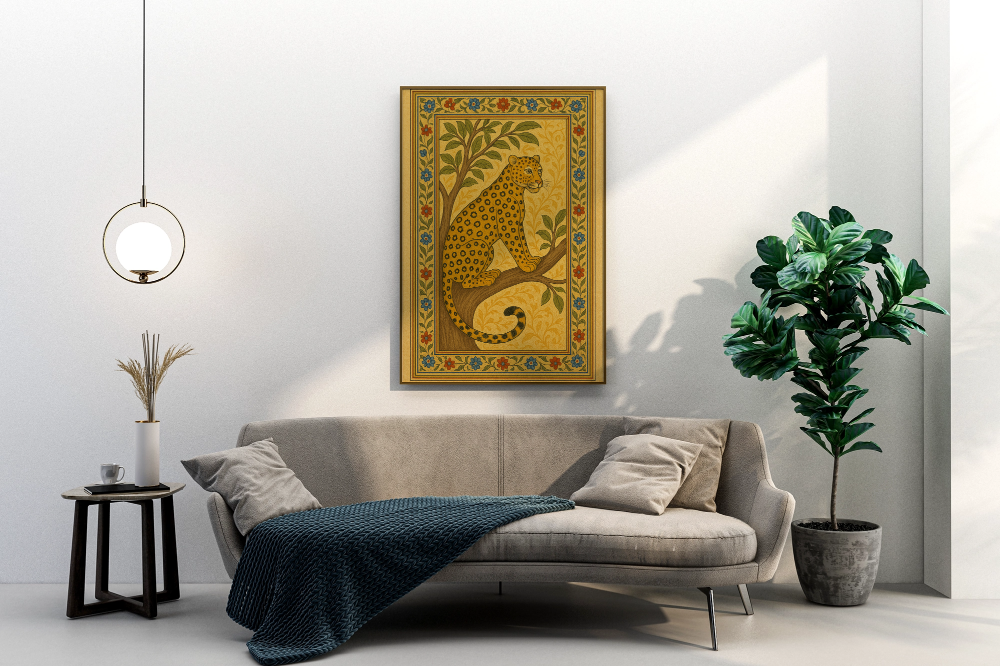 Leopard in Ornate Miniature Painting Style – Wildlife Art on Canvas