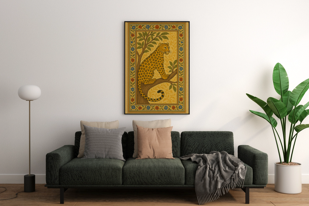 Leopard in Ornate Miniature Painting Style – Wildlife Art on Canvas