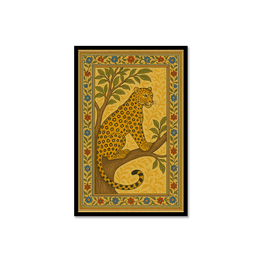 Leopard in Ornate Miniature Painting Style – Wildlife Art on Canvas