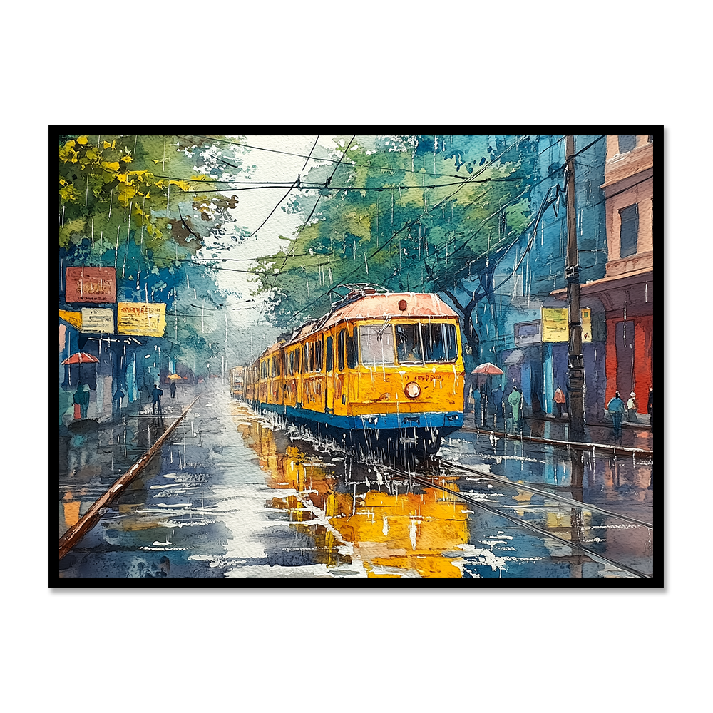Rainy Day Journey: Trams in Watercolor