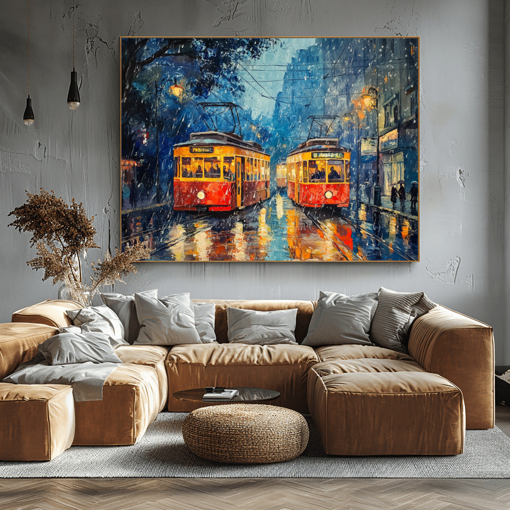 Tram Reflections: Rainy Streets in Watercolor