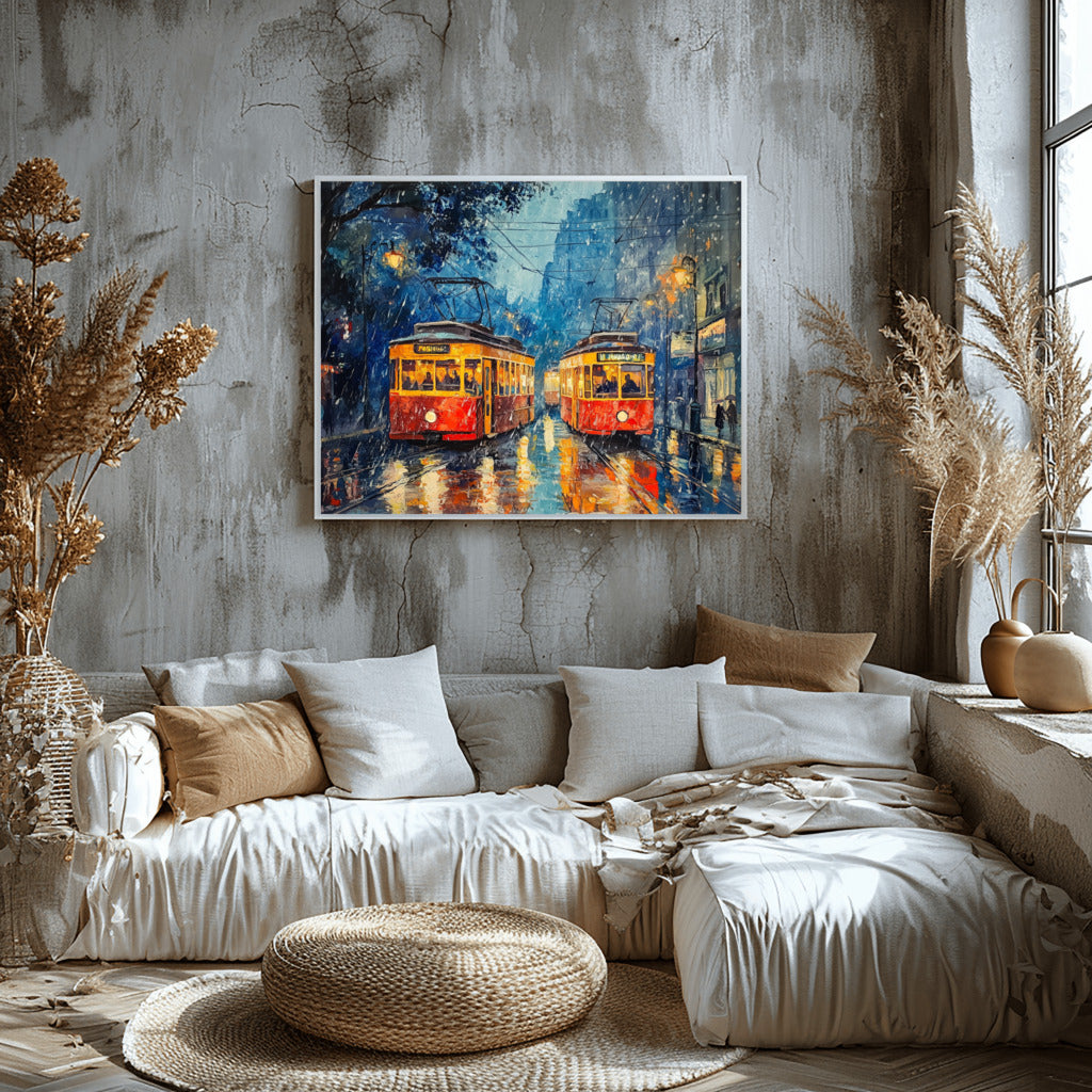 Tram Reflections: Rainy Streets in Watercolor