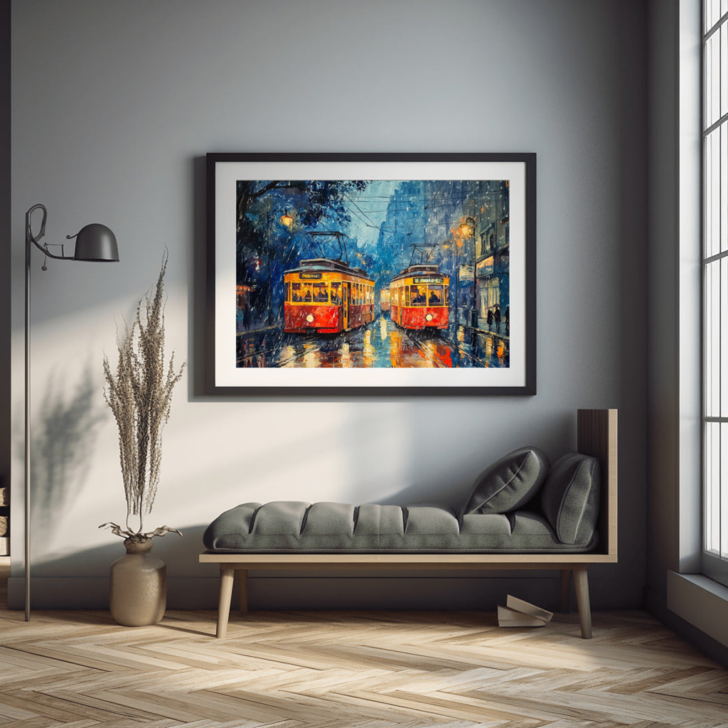 Tram Reflections: Rainy Streets in Watercolor
