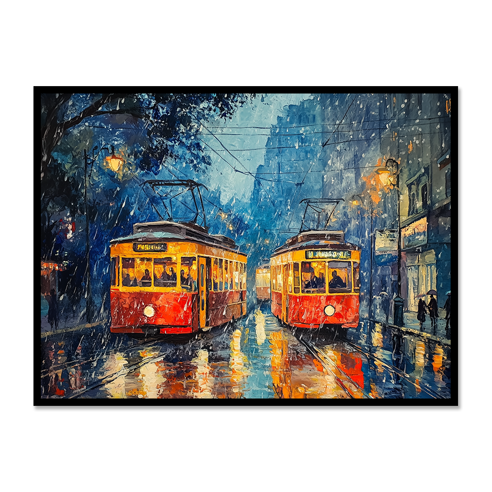 Tram Reflections: Rainy Streets in Watercolor