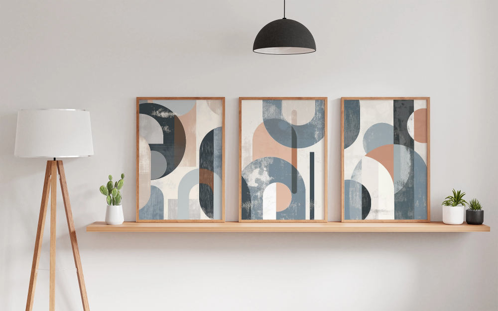 Industrial Geometry Ð Blue & Beige Abstract Canvas Prints (Set of 3)