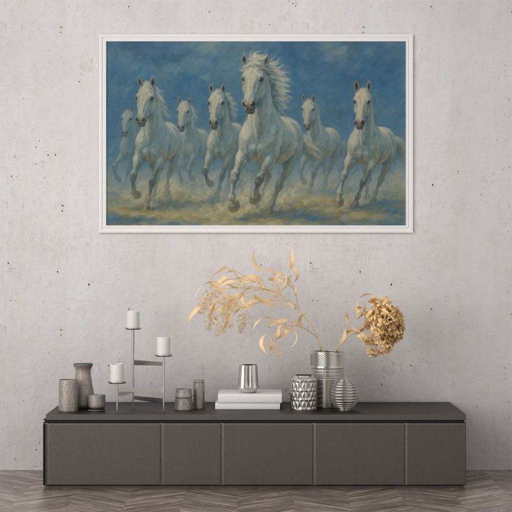 Seven White Horses in blue background for Growth & Prosperity - Vastu Remedy