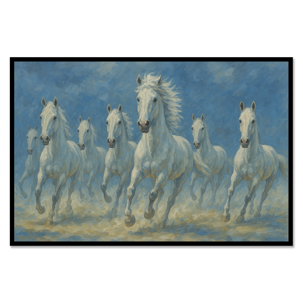 Seven White Horses in blue background for Growth & Prosperity - Vastu Remedy