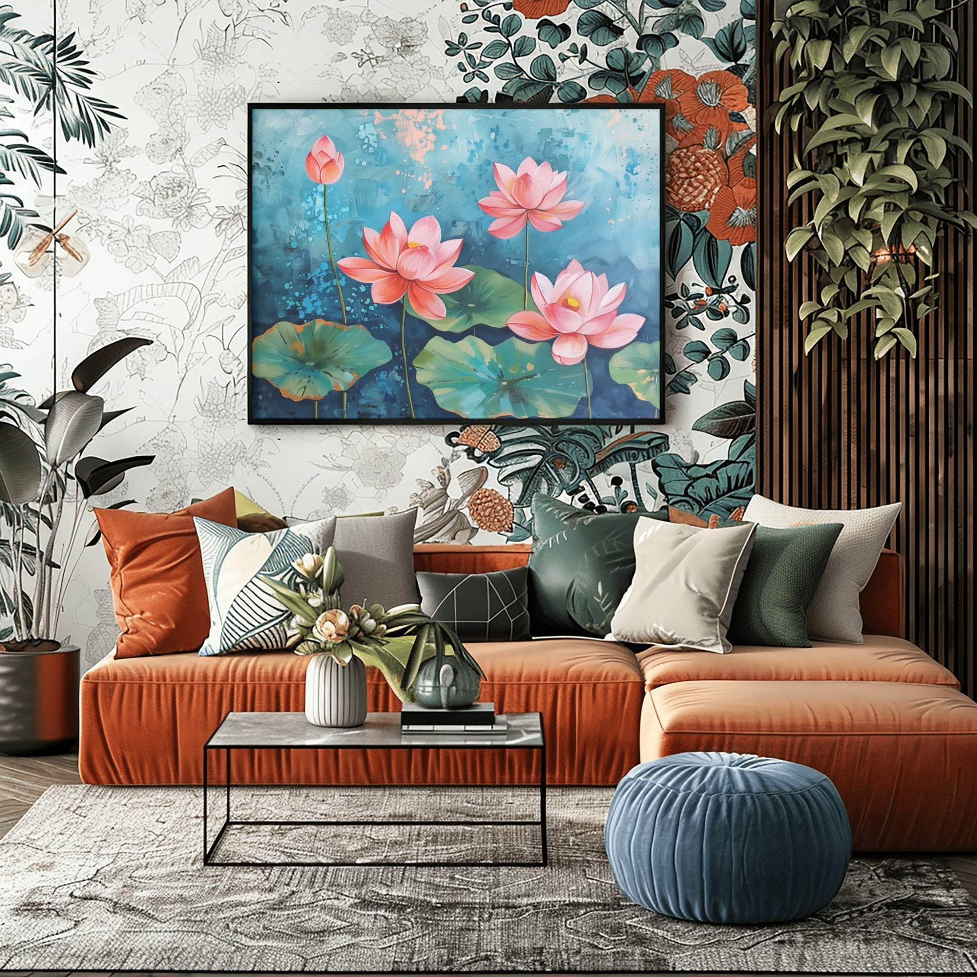 Golden Lotus Mandala Oil Painting – Vaastu Inspired Art